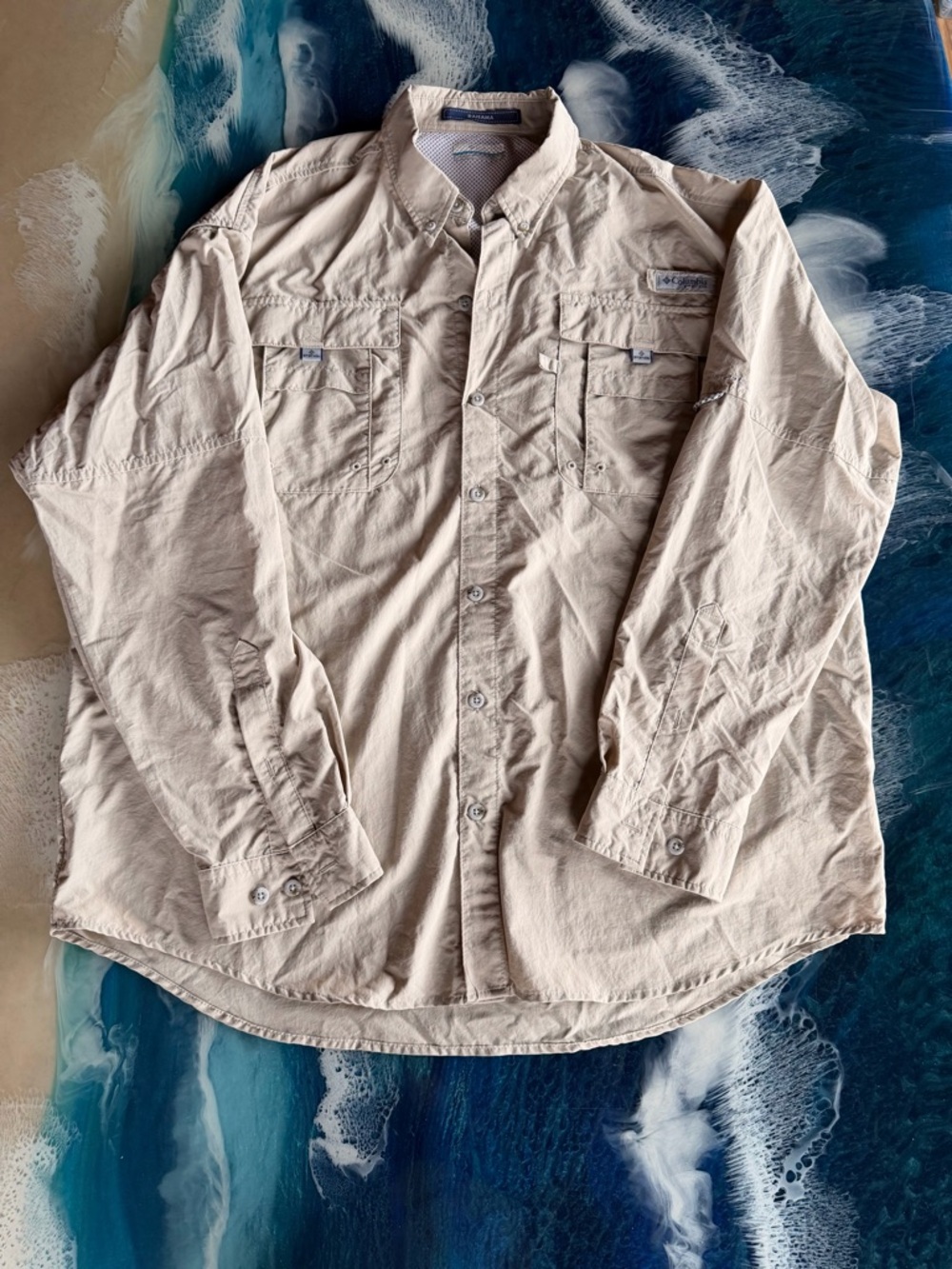 LOWEST! NWOT Columbia Bahama PFG  Sz L Long Sleeve Button Shirt Beige Sz L UPF50